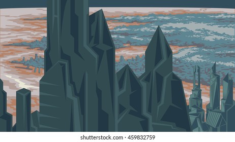 Vector color image of city skyline and skyscrapers. River View, districts proud. Image for the background and video, banner and screensaver. Bug comics.