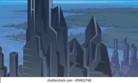 Vector color image of city skyline and skyscrapers. River View, districts proud. Image for the background and video, banner and screensaver. Bug comics.