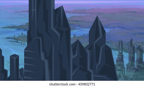 Vector color image of city skyline and skyscrapers. River View, districts proud. Image for the background and video, banner and screensaver. Bug comics.