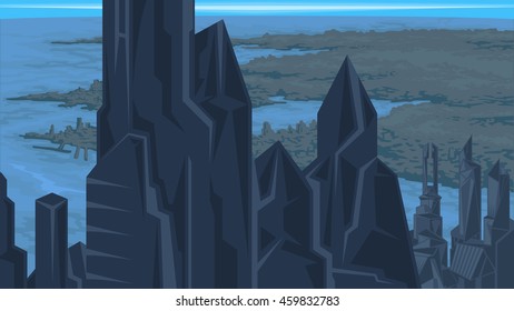 Vector color image of city skyline and skyscrapers. River View, districts proud. Image for the background and video, banner and screensaver. Bug comics.