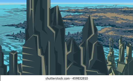Vector color image of city skyline and skyscrapers. River View, districts proud. Image for the background and video, banner and screensaver. Bug comics.