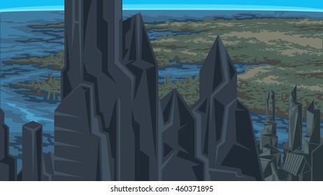 Vector color image of city skyline and skyscrapers. River View, districts proud. Image for the background and video, banner and screensaver. Bug comics.