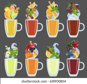 Vector color image of a cup with tea, various additives from fruits and berries, spices and herbs in flat style on dark background. Element for menu cafe, for diets, vegetarian and sports nutrition.