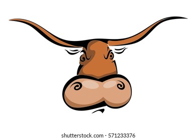 Vector color image cute funny bull with long horns. The symbol of agriculture and animal husbandry. Stock vector illustration