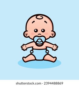 Vector color image of cute sitting baby boy with pacifier and diaper.
