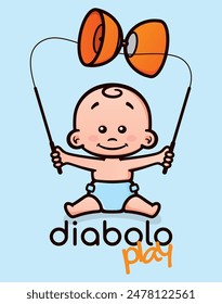 Vector color image of cute sitting baby boy juggles diabolo. Blue background.