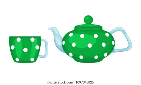 Vector color image of green porcelain teapot and cup of polka dots isolated on white background.