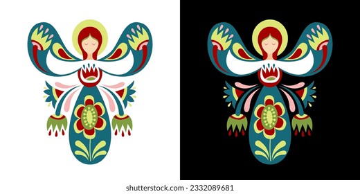 Vector color image with guardian angel. Floral ornament based on Ukrainian embroidery on a white and black background.