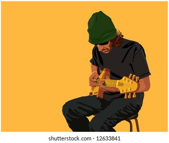 Vector color image of a guitar-player, man sitting on chair and playing guitar.