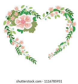 Vector color image of a heart of flowers, leaves and twigs of blueberries.