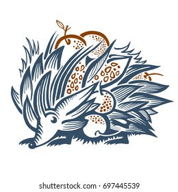 Vector color image of a hedgehog carrying apples