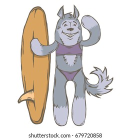 Vector color image isolated character animal surfer Dog, husky