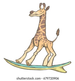 Vector color image isolated character animal surfer giraffe