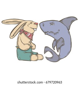 Vector color image isolated character animal surfer Rabbit, shark