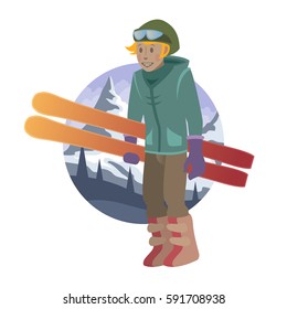 Vector color image isolated characters on the background of the mountain snow round background. With skier skiing.Tourism, sport, winter.