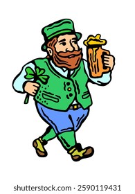 Vector color image of a leprechaun with a shamrock and a glass of beer on a white isolated background