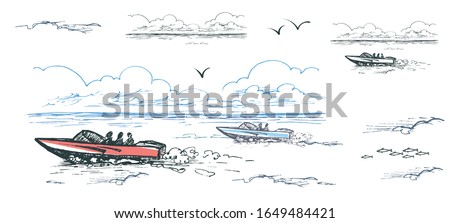 Vector color image of motor boats with people among the water, clouds and gulls.