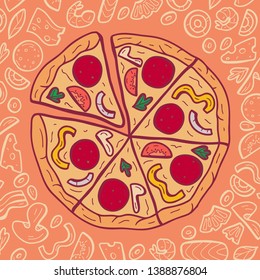 Vector color image of pizza with ingredients. Hand drawn vector illustration. 