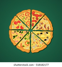 Vector color image of a pizza. Slices with various ingredients.