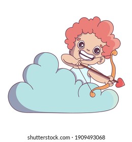 Vector color image, print for printing on cards and posters. The image of a boy, an angel, cupid, cherub, sitting on a cloud, in the sky, shoots arrows of love from a bow. Valentine's day, love.