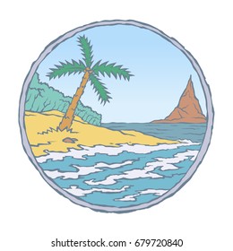 Vector color image of sea waves beach and palm trees on round sky background