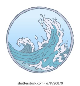 Vector color image of sea waves on a round sky background