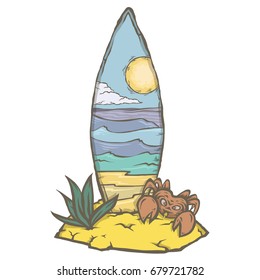 Vector color image of a surfboard in the sand of the beach. Board with the sea and sky background