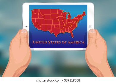 Vector color image of tablet with map of US states .Planshet keep 2 hands