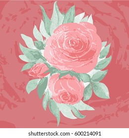 Vector color image of three roses on a colored red background. Full rose and buds with green leaves.Vintage drawing.
