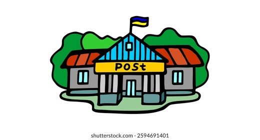 
Vector color image of Ukrainian post office in cartoon style on white isolated background