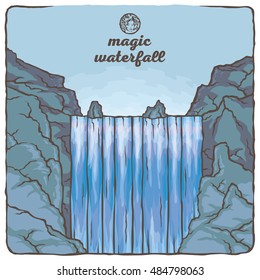 Vector color image of a waterfall. Mountain landscape in the background of nature and the blue sky. Water and stones. The magical beauty of nature.