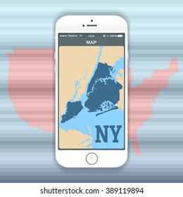Vector color image of a white cell phone smart phone with a picture of a New York map on the screen