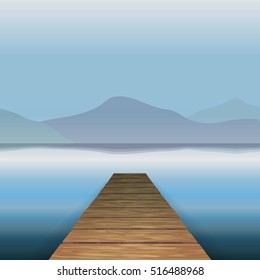 Vector color image of a wooden pier on the background of the river water, lake, sea, ocean. The background mountains hills. Relaxation. Wooden pier.
