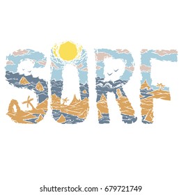 Vector color inscription inscription surf logo with sea background. Waves, sun, rocks, palms, seagulls