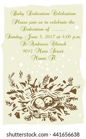 Vector color invitation with hand drawn sketch of nest with eggs and text Baby Dedication Celebration on the textured paper background.