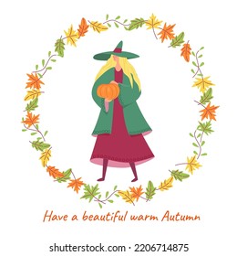 Vector color isolated illustration with frame from autumn leaf. Tender blond woman holds a pumpkin.	