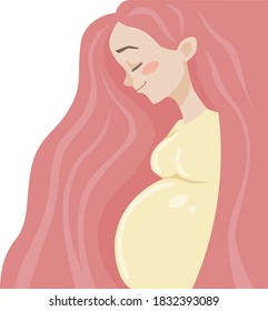 
vector color isolated image on a white background of a pregnant girl with long red hair in a yellow dress with her eyes closed from happiness. for printing on cards and posters
