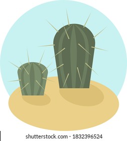 
vector color isolated image on a white background two green cactuses of different sizes grow in the desert on the sand on a blue round background. for printing on cards, clothes, textiles, childrens 