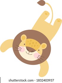 
vector color isolated image on white background cartoon cheerful yellow lion with brown mane jumping in the air. for printing on clothes, textiles, postcards and posters