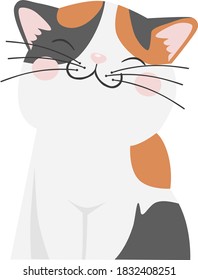vector color isolated image on a white background cartoon cheerful white cat with red and black spots on the body
smiles, eyes closed with pleasure. for printing on clothes, textiles, postcards 