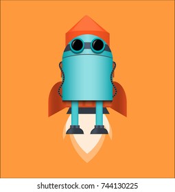Vector color isolated rocket. Blue 3D rocket on orange background