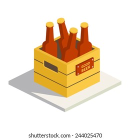 Vector Color Isometric Icon With Case Of Beer With Four Bottles