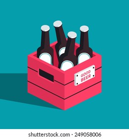 Vector Color Isometric Icon With Case Of Dark Beer With Four Bottles