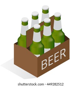 Vector color isometric icon with case of beer with six beer bottles. 