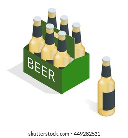 Vector color isometric icon with case of beer with six beer bottles.