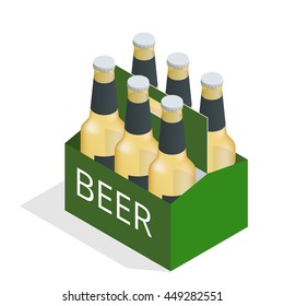 Vector color isometric icon with case of beer with six beer bottles. 