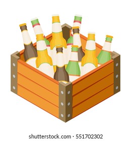 Vector color isometric icon with case of dark beer with four bottles