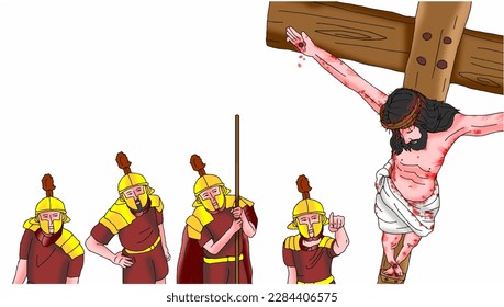 Vector color of Jesus Christ on the cross and soldiers are looking him, Easter background.