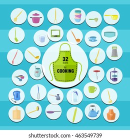 vector color kitchenware icons on the blue background and white circles