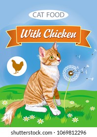 Vector color label on cat food with a picture of a ginger kitten